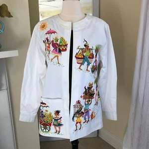Vtg Bob Mackie Wearable Art White Embroidered Jacket SZ L Market Day READ - Picture 1 of 14