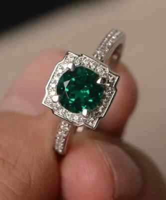 Round Cut Lab Emerald Sterling Silver 18k Gold Plate Engagement Ring for Women - Image 1 of 3