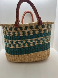 Bolga International grande cestino ovale con due manici avvolti in pelle fatto a mano - Foto 1 di 6