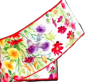 Sommer Aquarell Blumen 4" mal 2 Yards Drahtband Frühling Ostern Regency - Bild 1 von 4