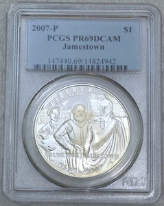 2007-P Jamestown Silver Dollar PCGS PR69DCAM White Deep Cameo Proof #B103T - Picture 1 of 4