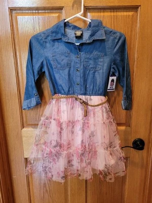 NEW Pink & Violet Girl's 10 Chambray Button Shirt Dress Pink Floral Tulle Belted - Image 1 of 4