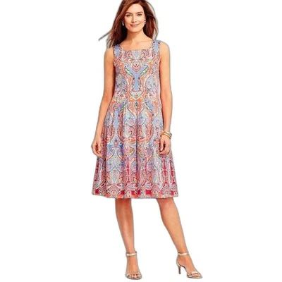 Vestido Talbots ajustado y acampanado para mujer talla 10 melocotón y azul cachemira algodón plisado Foto 1 de 4