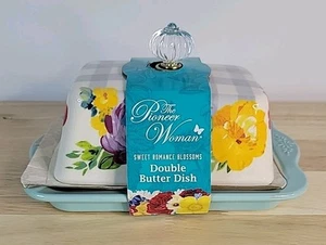 PIONEER WOMAN Sweet Romance Blossoms Double Butter Dish New Floral Stoneware - Picture 1 of 12
