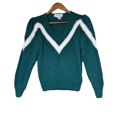 Nannell Mezcla Angora Manga Abullonada M Verde Blanco Chevron Cuentas De Colección Años 80 Foto 1 de 4