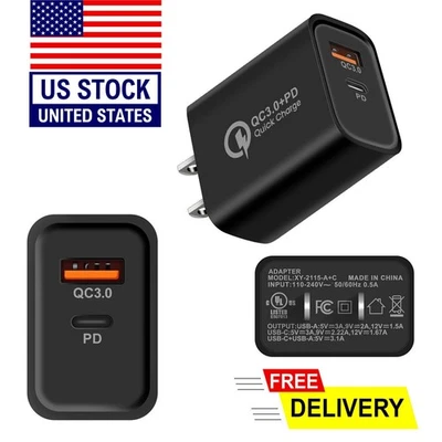 2 Port PD USB Wall Charger US Plug 20W Fast Charging Block For iPhone 16 15 14 X - Image 1 of 4