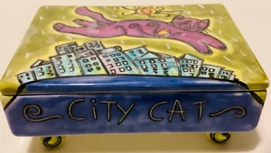 “City Cat Hand-Painted Ceramic Trinket Box- Whimsical ollectible” - Picture 1 of 5