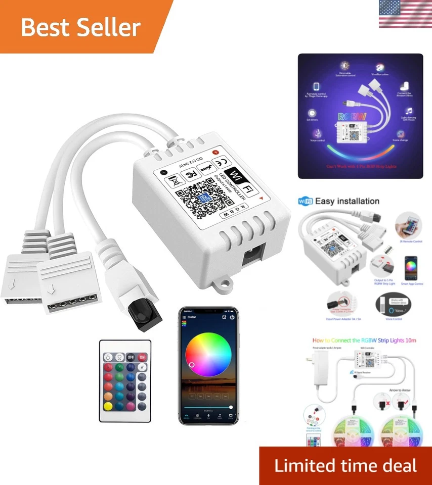 Smart WiFi RGBW LED Controller with 2 Outputs & 24-Key Remote - Voice Control - Image 1 of 4