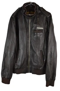 SUPERDRY Brown Leather Biker Jacket size L Mens Full Zip Bomber Casual Outdoors - Picture 1 of 9