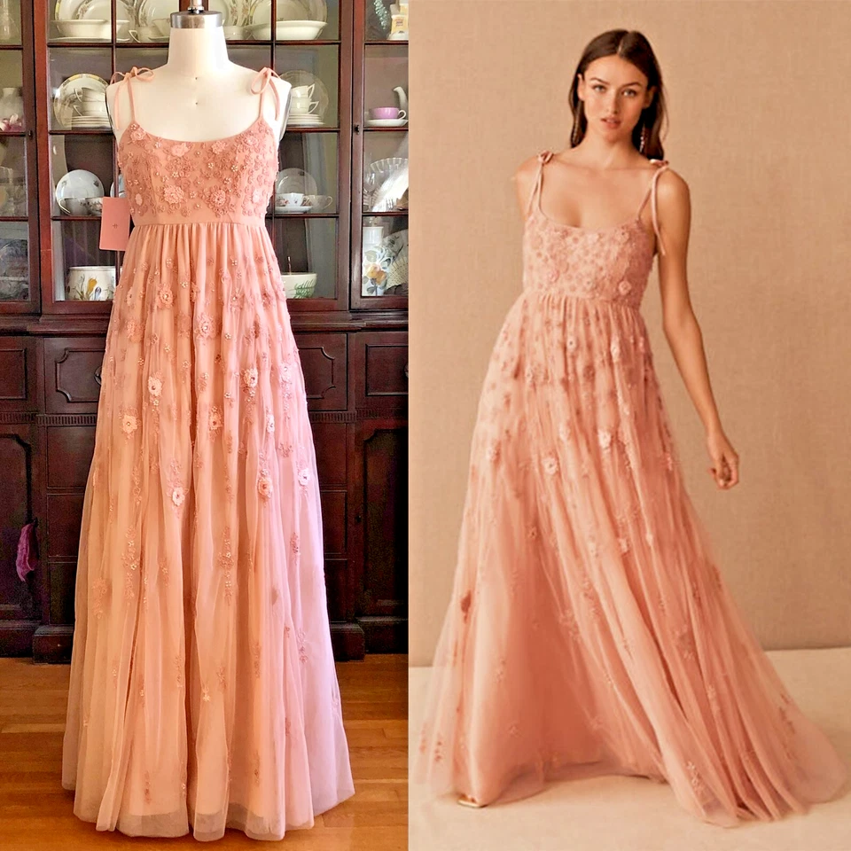 Maxi Vestido BHLDN Anthropologie Lacie Melocotón Tul Bordado Cuentas Baile de graduación Foto 1 de 4