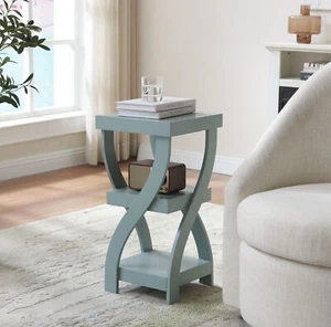 Kings Brand - Side End Table with Storage Shelf, Nightstand Bedside, Ice Blue - Picture 1 of 4