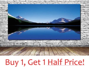 LAKES MOUNTAINS AND TREES CANVAS WALL ART - Framed - BLUE NATURE PICTURE PRINT - Picture 1 of 7
