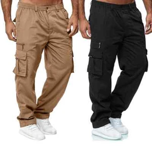 Men's Cargo Trousers Elastic Waist Elastic Multi-pocket Loose Combat Work Pants - Picture 1 of 30