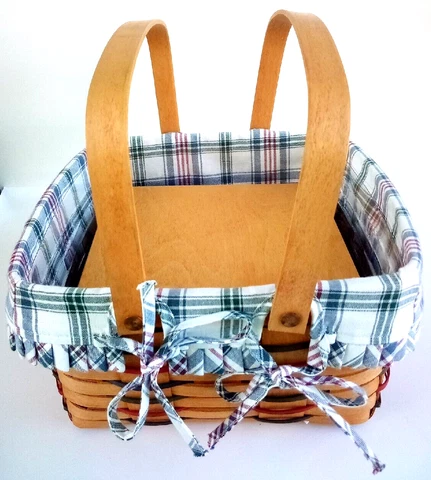 Longaberger Basket Wash Day Plaid w/ Woden Riser & Liner Double Handles 12" Cover