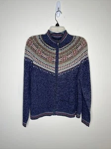 Tiara International Womens M Blue Multicolor Fair Isle Full Zip Cardigan Sweater - Picture 1 of 9