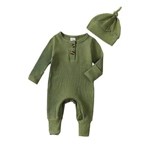 Outfits Baby Boy Girl Knit jumpsuit Romper Newborn Cute Ribbed Army Green - Picture 1 of 8