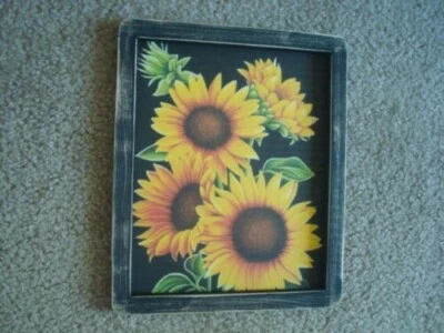 Primitive Country Print **LARGE SUNFLOWERS** black hand made frame 9 1/2" x 11" - Image 1 of 3