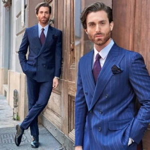 Traje de rayas británico para hombre conjunto de llaves de doble fila traje de negocios de boda - Imagen 1 de 13