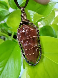 Brown Calcite Necklace Minimalist Copper Wire Wrap Men Women Teen Polished - Picture 1 of 7