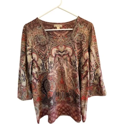 Blusa Gitana Floral Energie Para Mujer Grande Marrón Rojo Arte Abstracto Cobre Brillos Foto 1 de 4