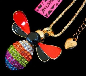 Betsey Johnson Crystal Rainbow Bee Gold Pendant Chain Necklace Free Gift Bag - Picture 1 of 3