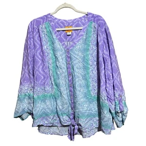 Top donna Ruby Rd 2x blusa multicolore stampa boho rotolo linguetta maniche bottoni nodo - Foto 1 di 8
