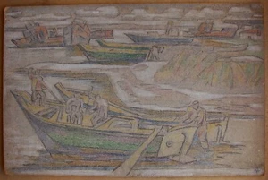 Ukrainian Soviet USSR Painting cubism Avant-garde seascape fishermen boat - Picture 1 of 8