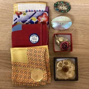 JOB LOT VINTAGE PURE SILK CREPE SCARVES X 4, BROOCHES X 4 - Picture 1 of 7