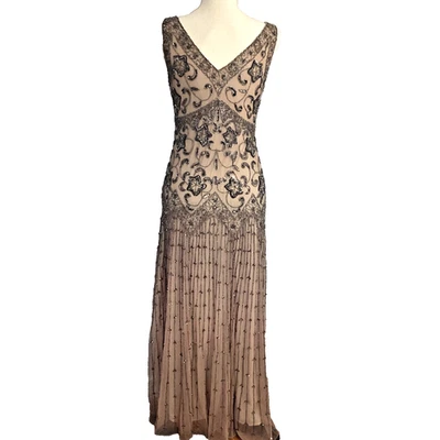 VESTIDO DE MALHA PISARRO NIGHTS TAMANHO 4 EVENTO ESPECIAL MAXI BEGE MIÇANGAS LANTEJOULAS CASAMENTO - Imagem 1 de 4