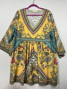 Umgee Dress Womens 2XL Yellow Teal Boho Paisley Tunic Bell Sleeve Festival Flow - Picture 1 of 8