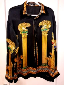 Klassisches schwarzes Seidenhemd Amelia Austin mit dekorativen goldfarbenen Löwen auf Säulen S - Bild 1 von 4