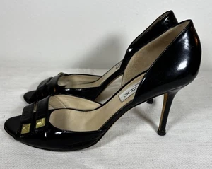Jimmy Choo London schwarze Lackleder Heels Gr. 38,5 offene Zehenpartie goldene Details - Bild 1 von 10