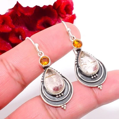 Golden Rutilated Quartz & Citrine Oxidised 925 Sterling Silver Earring 1.76 Sk29 - Image 1 of 4