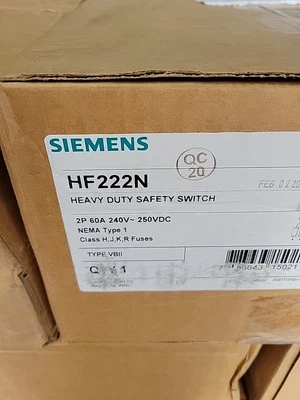 1 NUEVO Interruptor de desconexión de seguridad fusible Siemens HF222N 60A 240VAC 2P 3W tipo 1 Foto 1 de 2