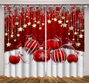 Winter Red Christmas Ball 3D Blackout Curtain 2 Panels Drapes Window Curtains - Picture 1 of 11