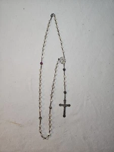 Antique STERLING SILVER Crystal Glass Bead Ornate CRUCIFIX CROSS ROSARY 21” long - Picture 1 of 10