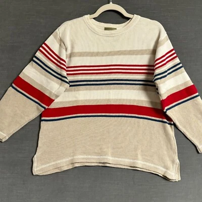 Vtg Claiborne Sweater L Petite Beige Red Striped Linen Preppy Nautical Fall 90s - Image 1 of 4