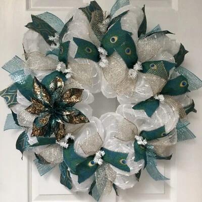 Turquoise And Gold Poinsettia Holiday Deco Mesh Wreath Handmade - Image 1 of 3