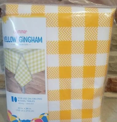 Vinyl Tablecloth Gingham Plaid Yellow White Camping Picnic Party BBQ 60x84” - Image 1 of 2