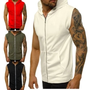 Men's Sleeveless Workout Hoodies Zip Up Tank Top Gym Bodybuilding Hooded Shirts - Picture 1 of 16