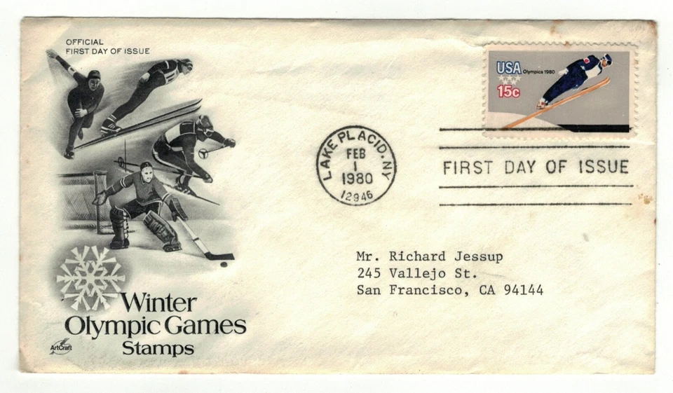 Winter Olympic Games 1980 1st Day Issue 15¢ Stamp 2/1/80 w Letter Flintkote Co - Image 1 of 3