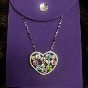 Kohl’s Heart Necklace White Enamel Paved Multicolor Rhinestones Silver Tone NIB - Picture 1 of 6