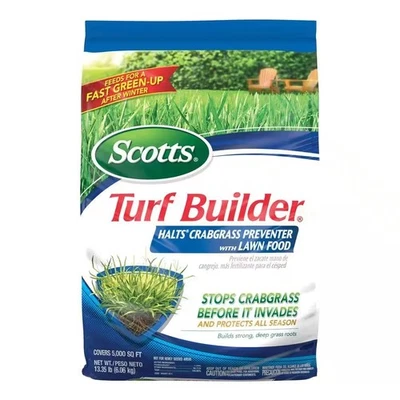 Fertilizante para césped seco Scotts Turf Builder detiene hierba de cangrejo, 5.000 metros cuadrados ft. 13,35 lb. Foto 1 de 4