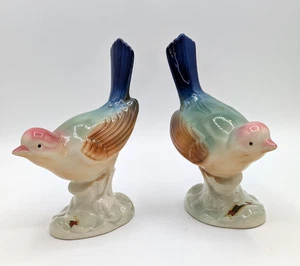 Vintage Ceramic Bird Figurines Set of 2 Tails Up Blue Green Pink Japan 6" - Picture 1 of 8
