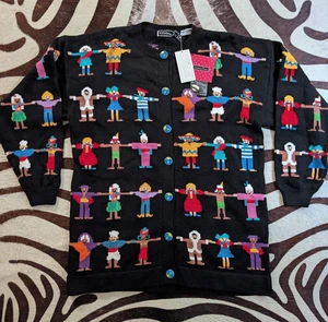 Vintage Christine Foley Neuheit Pullover Strickjacke bunt It’s A Small World GRÖSSE 3 - Bild 1 von 11