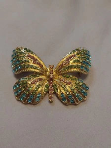 Broche Pin Mariposa Diamantes de Imitación MONET Tono Dorado Azul Verde Rosa Firmado De Colección - Imagen 1 de 4