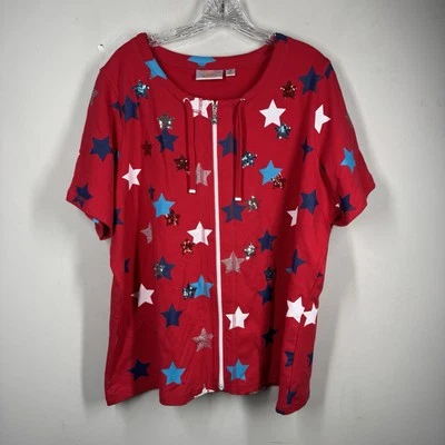 Quacker Factory Sequin Stars Patriotic Cardigan Jacket Full Zip Shirt Sz 1X NWOT - Image 1 of 4