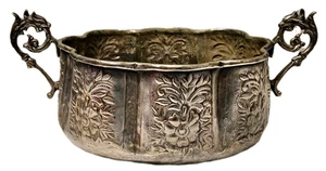 Antica fioriera vintage ornata ottone argentato ciotola repousse metallo lavorato martellato - Foto 1 di 21