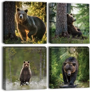 4 Pieces Wall Art Canvas Prints - Forest and Bear Picture Painting - Modern W... - Picture 1 of 9