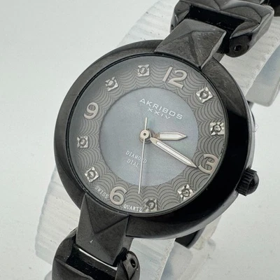 Akribos Swiss Quartz Watch Women Black Abalone Dial Diamonds New Battery 6.5" - Image 1 of 4